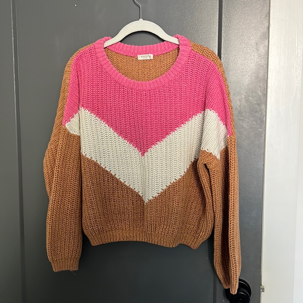 pink white and orange/brown knit sweater